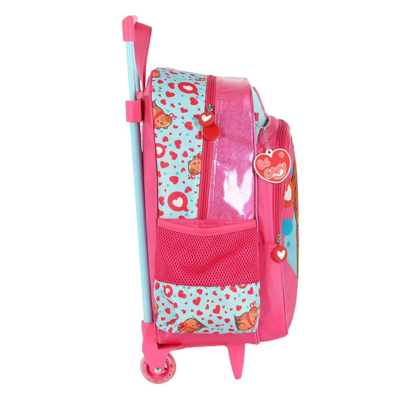 Mochila rodinha infantil rosa mostrando detalhes da haste retrátil e rodas